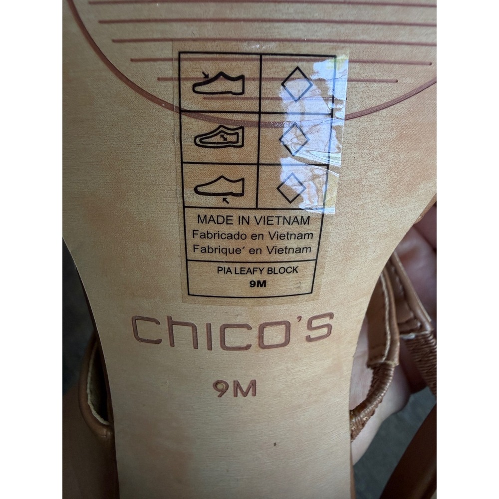 Chicos 9 Pia Leafy Block‎ Heel Tan Brown Slip On Mule Sandals Floral Appliqué - Picture 9 of 9